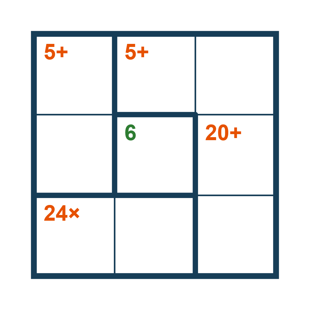 Partially filled 3x3 KenKen puzzle grid